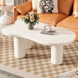44" Cloud Coffee Table - Modern Irregular Shape, Thick 1.5" Top, Sturdy 3-Leg Base, White Living Room Center Table