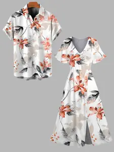 DRESSLILY 2026 Vacation Couple Outfit Women's Watercolor Flower Leaf Print Slit Dress and Men's Short Sleeve Button Up Roll Up Shirt Matching Set