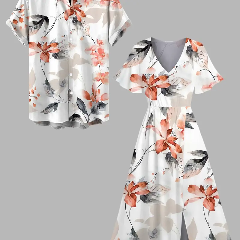 DRESSLILY 2026 Vacation Couple Outfit Women's Watercolor Flower Leaf Print Slit Dress and Men's Short Sleeve Button Up Roll Up Shirt Matching Set