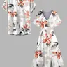 DRESSLILY 2026 Vacation Couple Outfit Women's Watercolor Flower Leaf Print Slit Dress and Men's Short Sleeve Button Up Roll Up Shirt Matching Set