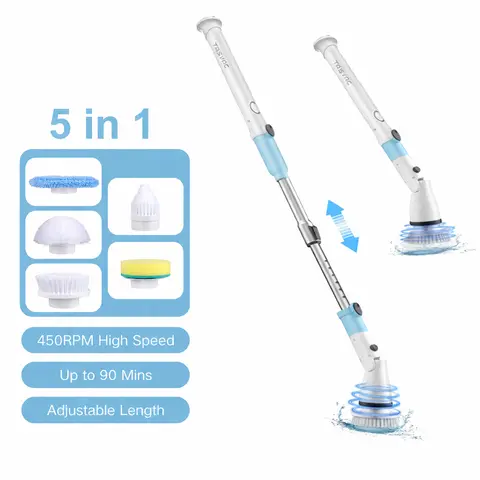 [Clearance Sale] TASVAC Cordless Electric Spin Scrubber - Handheld Cleaning Brush with 5 Heads for Home Cleaning, Extendable Pole, Adjustable Handle Cleans High Walls, 1.5H Runtime, 450rpm Speed, Grill & Furniture, Scratch-Free Glass Brush