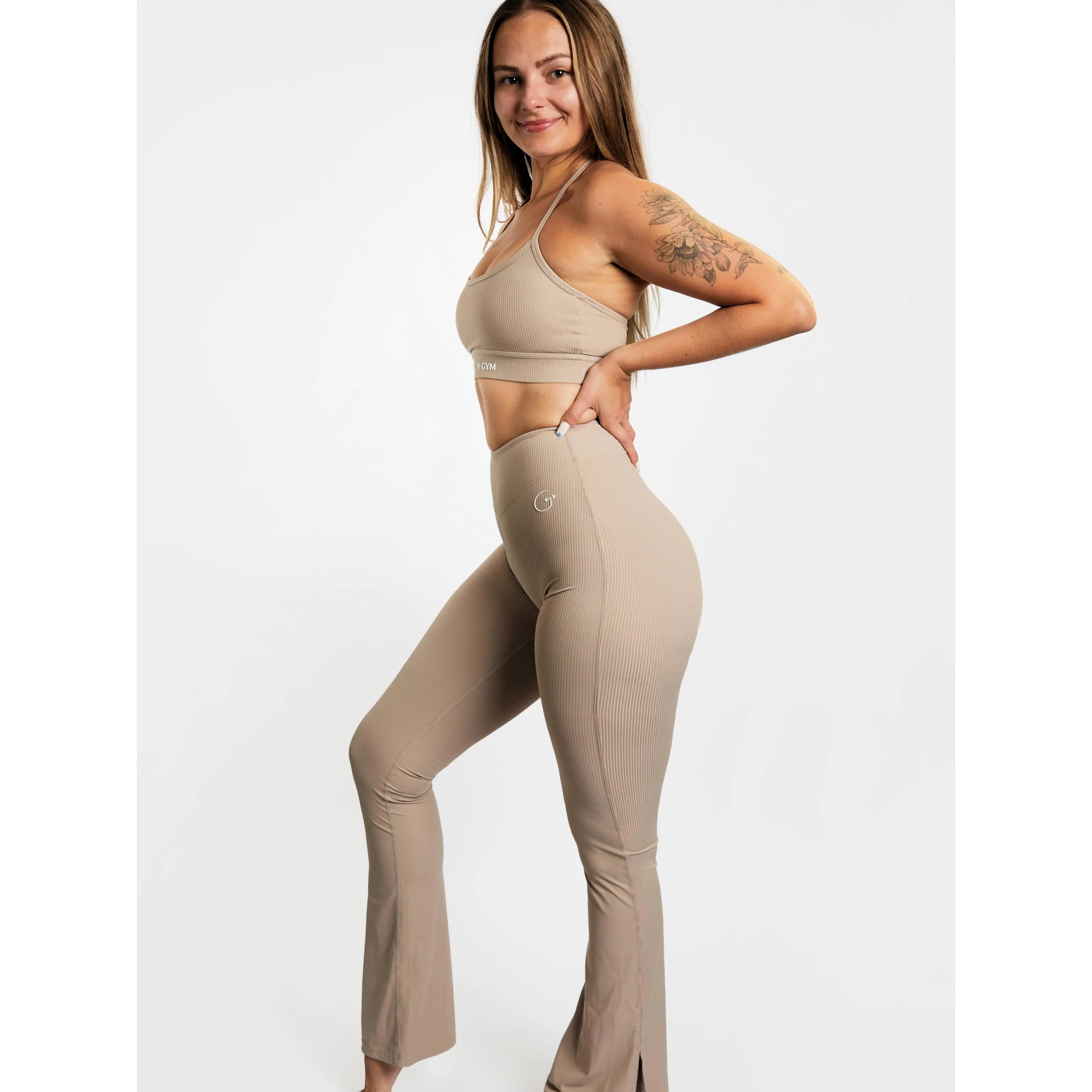 Flare Ribbed Seamless Leggings Comfort Fit Soft Womenswear Bottom Gym All Seasons High Waisted Split Flare Bottoms Buttery Soft Compressive Support 3D Silicone Logo