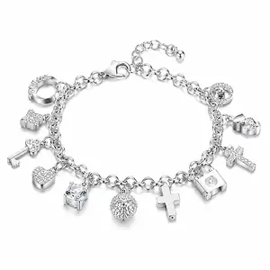 "1pc Elegant 925 Sterling Silvery Heart Key Pendant Bracelet, Women's Bracelet, 13 Small Pendants, Bohemian Style, Shiny and Exquisite Silvery, Women's Fashion Jewelry Accessories, Suitable for Wife, Girlfriend, Fashion Gift, Birthday Gift " bangle