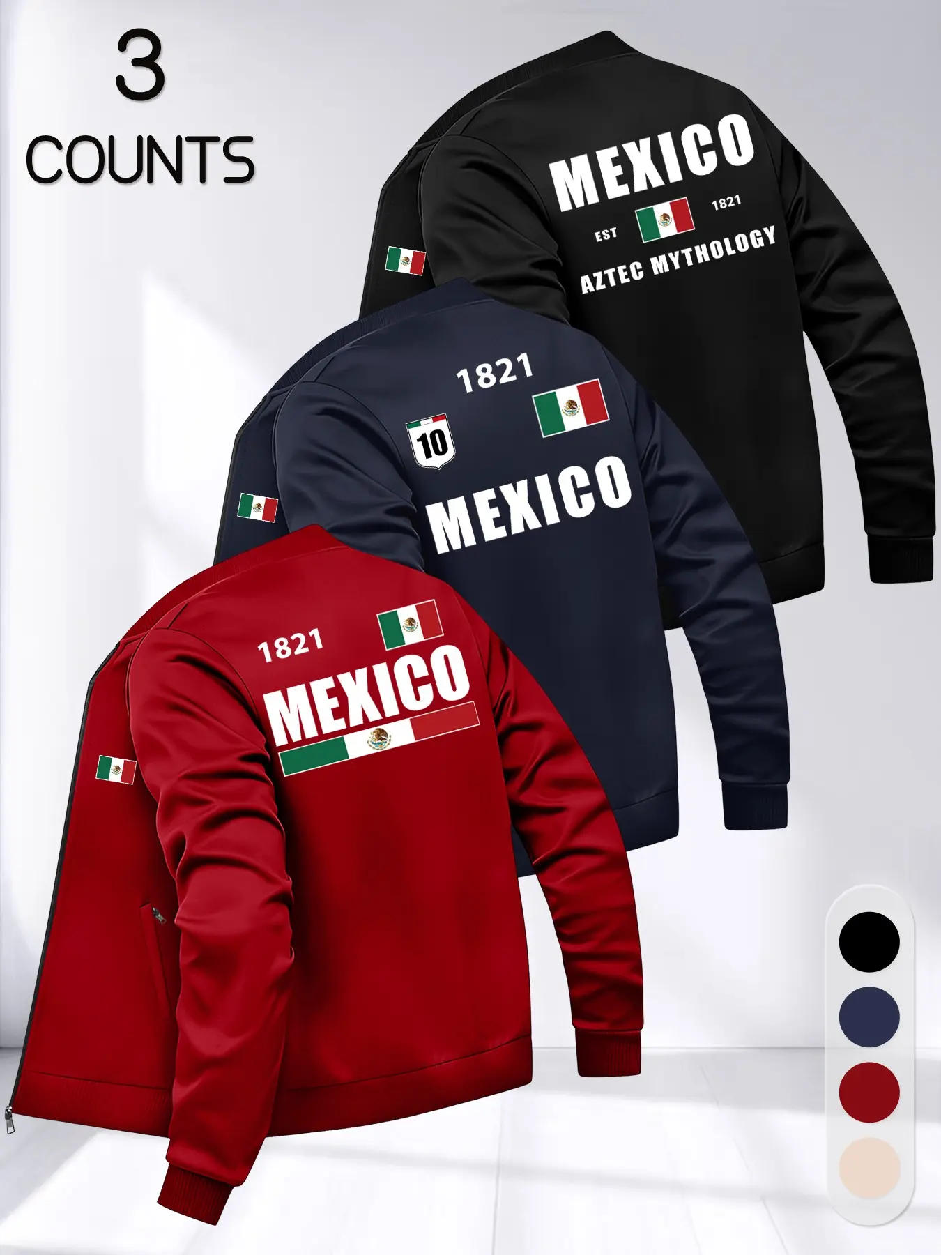 Mexico 1821 Independence Zipper Jacket, Men's Baseball Neck, 3-Piece Set, Long Sleeve, Loose Fit, Fall & Winter Fashion, Casual, Print, Street Fashion Outerwear, Streetwear Jackets