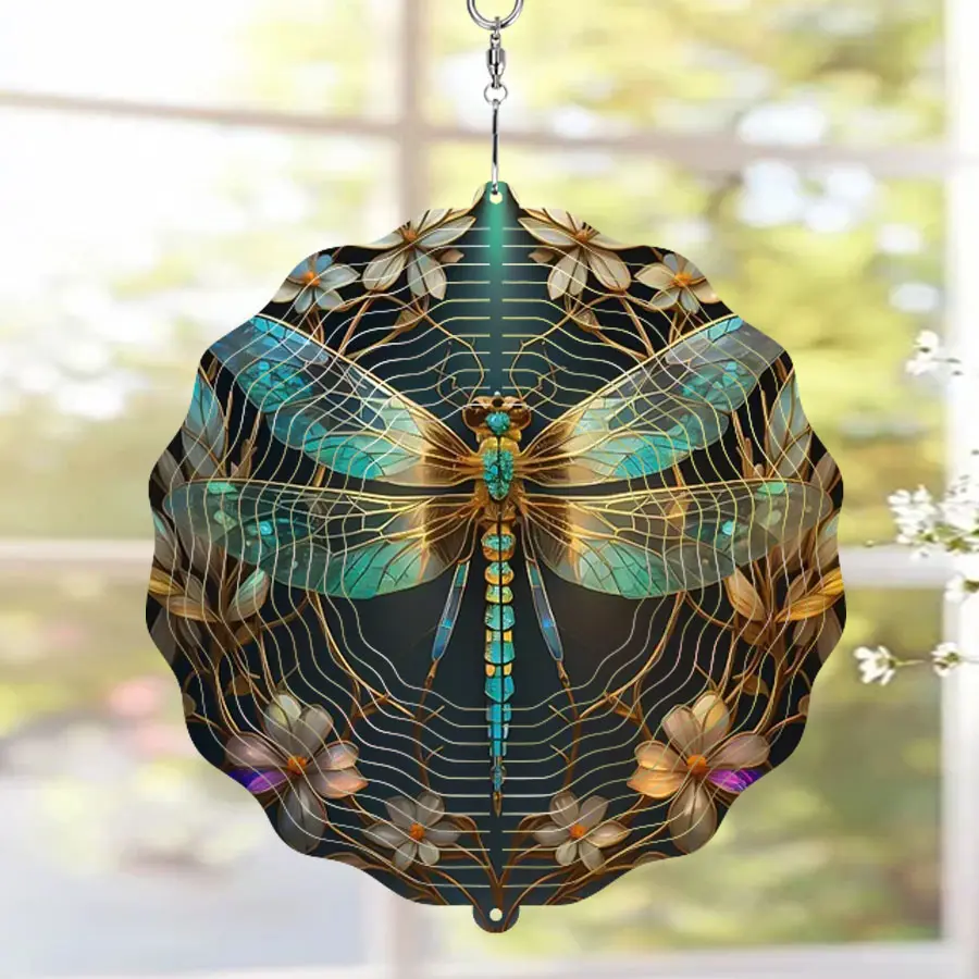 1pc 8in/12in Green Dragonfly 3d Rotating Wind Chime, Stainless Steel 360-Degree Rotating Wind Chime, Suitable For Porch Garden Wall Window Decoration, Home Hanging Decoration, Ideal Gift For Relatives, Friends And Colleagues