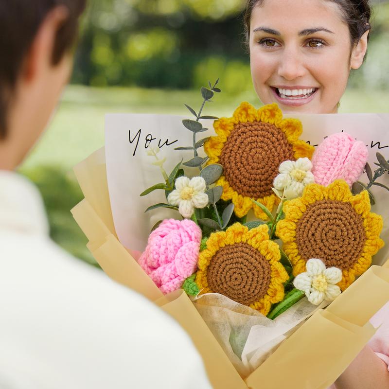 Crochet Flowers Bouquet with Sunflowers, Pink Rose & Tulip, Knitted Flower Gifts for Birthday, Home Decorations, Friend, Graduation