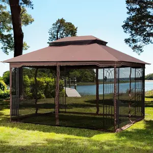 13x10 FT Outdoor Patio Gazebo Canopy Tent, Ventilated Double Roof Design with Detachable Mesh Screens on All Sides, Brown Top All-Weather Shade Shelter for Lawn, Garden, Backyard, Deck, Ideal for Parties, Camping, Relaxation