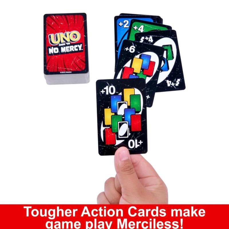 Mattel Games UNO Show ‘em No Mercy Card Game in Storage & Travel Tin for Kids, Adults & Family Night with Extra Cards, Special Rules & Tougher Penalties uno show card games card game