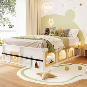 Queen Size Platform Bed with Storage Bookshelf, Display Cabinet, LED Light and Drawer, Wooden Queen Bed Frame with Slats, White+Natural