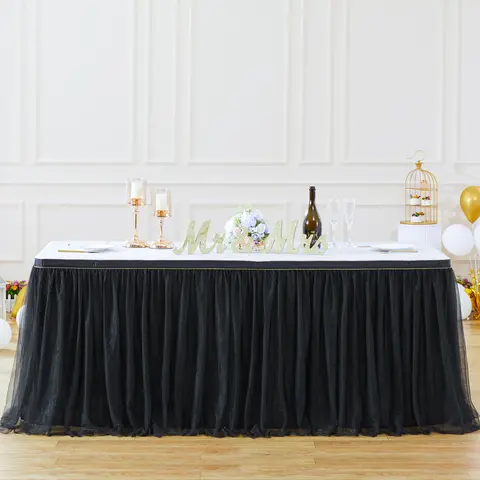 Wrinkle-Free Polyester White Tulle Tutu Table Skirt - Front-Only Coverage for 6ft/9ft Round & Rectangle Tables, Ruffle Design, Ideal for Wedding, Birthday Party Decorations, Anniversary Events