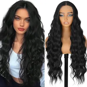 SummerVibes AISI HAIR Synthetic T Part Lace Front 28 Inch Preplucked Wig Natural Black Long Loose Beach Wave Wavy Wigs for Women with Realistic Appearance Textured