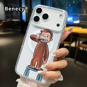 Transparent Magnetic Phone Case for iPhone 17 16  Pro Max Plus 15 14 13 12 11 Air E Monkey's Tooth - brushing  Pattern Acrylic Back Soft Edge Anti-Slip Hard Shell