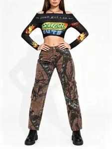 American workwear style camouflage multi pocket loose jeans American spicy girl street personality slimming pants