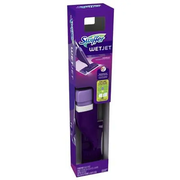 SWIFFER 92810 Wet Jet Power Mop Starter Kit, Home Care Cleaning Tool with Strong Grip Pole and Wood Solution, All-In-One
