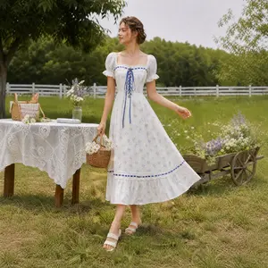 Blue Wisteria Corset Dress-LuminaVenus Dresses Women'S Fashion Elegant Floral Print Long Dress French Blue Vine Floral Dress Design Puff Sleeve Casual Outfits Holiday Birthday Parties Graduation Season Para Fiesta Fabric Piece
