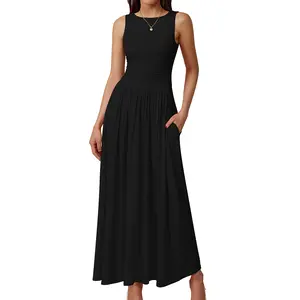OYS Women’s Sleeveless Casual Ruched High Waisted Tank Long Sundress With Pockets Flowy Maxi Beach Dress