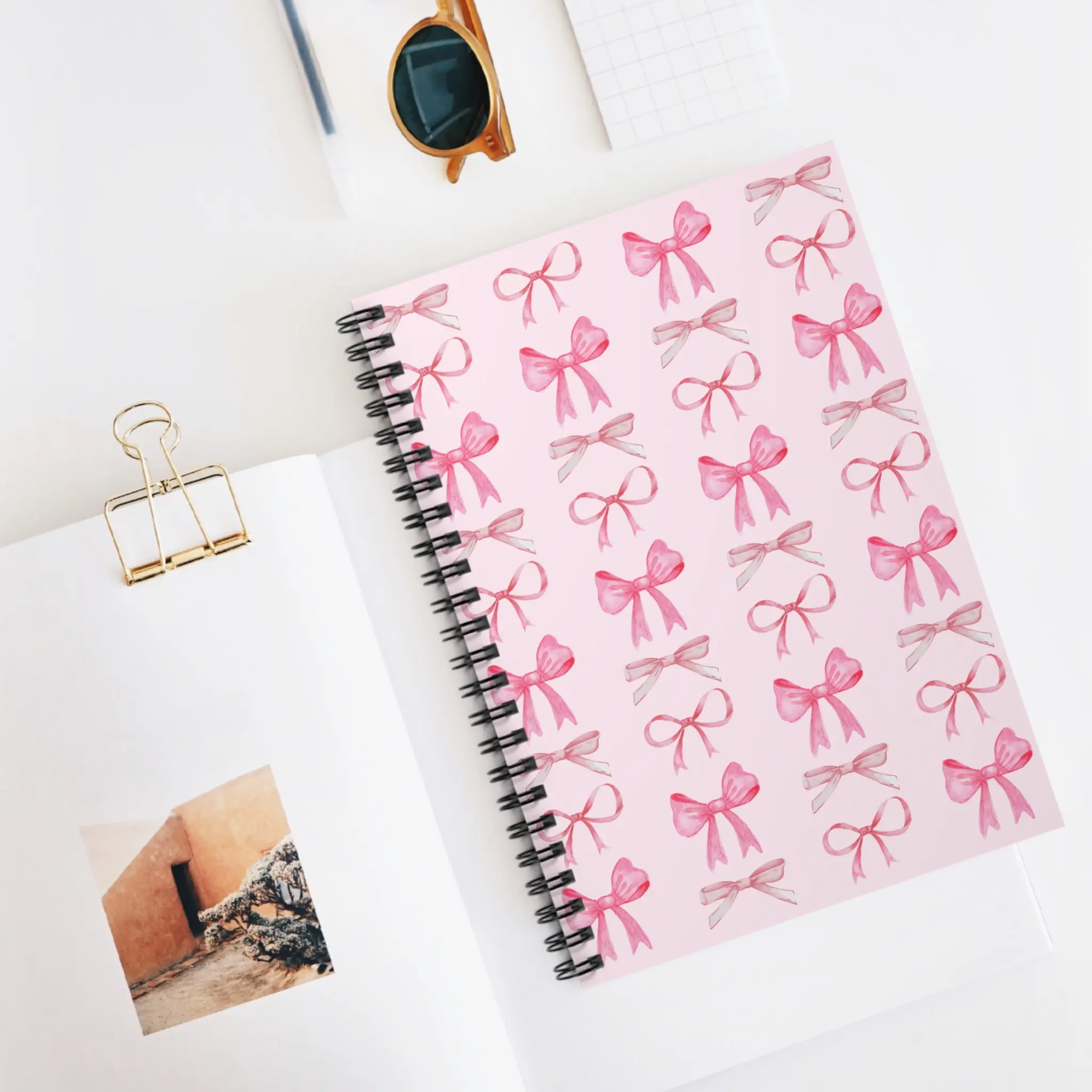 Pink Bow Aesthetic Spiral Notebook with Document Pocket - Cute Girly Notepad for Writing Notes, Journaling, or Doodling notebook college