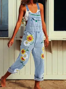 Women's denim jumpsuits in spring, summer and autumn, comfortable loose Floral flower design with multiple pockets, trendy street casual style, suitable for daily travel, Overalls, Bib, Loungewear, Outdoor, Stretchy