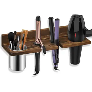 Hair Tool Organizer Wall Mounted - Wooden Dryer Holder, Blow Dryer Holder for Bathroom, Rustic Styling Tools Organizer for Flat Iron, Curling Wand, Hair Straighteners, Brushes, Brown