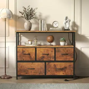 TV Cabinet and Dressing Table with 5 Large Fabric Storage Drawers, Open Shelves, Built-In Charging Station with USB, Type-C, and AC Outlets, Media Console for Living Room, Bedroom, Entertainment Center, Flexible Multi-Purpose Furniture