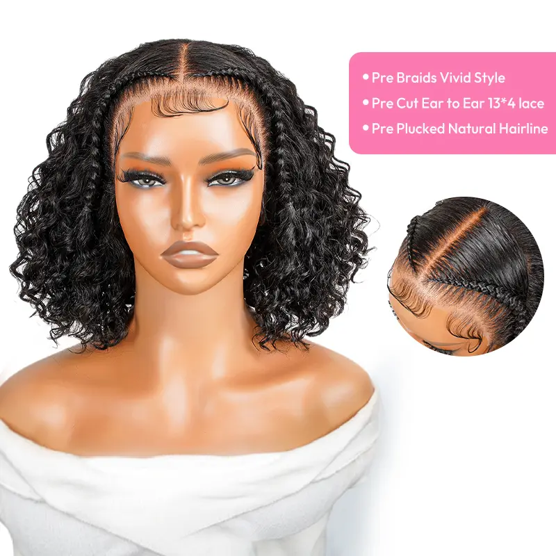 [Clearance Sale] West Kiss Pre Braided Glueless Short Bob Wig Water Wave 13x4 Lace Front Bob Wig Human Hair Pre Cut Pre Bleached Stylist Wig For Women