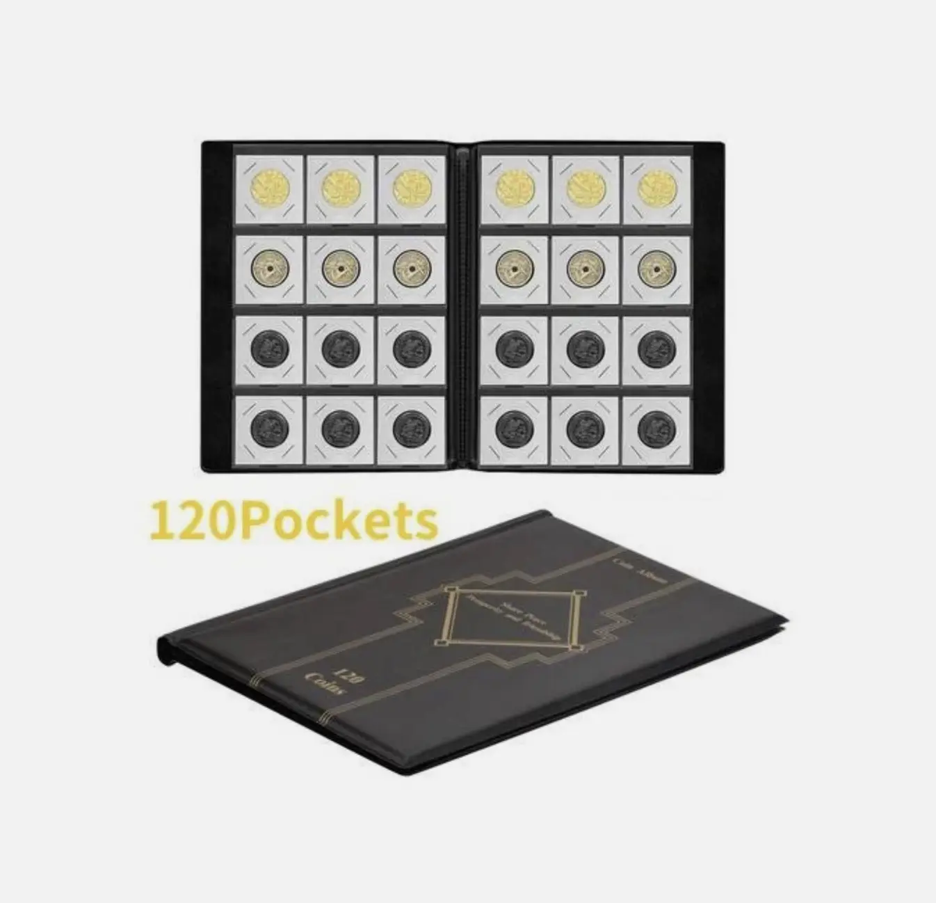 120-Pocket Coin Flip Album, Durable & Waterproof PVC Storage Book with Easy Access Design (2.2x2.2in) for Hobbyists, Home & Office Desk Organizer Accessory with Durable & Waterproof Protection, 120 Pockets, 19.5 × 25.5 Cm