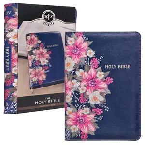 Giant Print King James Version Holy Bible - Standard Size Faux Leather, Red Letter Edition, Thumb Index, Ribbon Marker, Blue Floral Design, Zipper Closure, Deluxe Gift Edition
