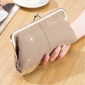 Women's elegant synthetic fiber clutch purse-compact double-fold handbag with zipper seal and kiss lock, gold hardware accessories, wallet wallet