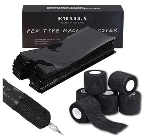 Sotica 200PCS Pen Covers with 6PCS Grip Tape Machine Wrap Cover Black Pen Bags Sleeves Machine Sleeves with Black Grip Wrap Self-Adherent Tape Plastic Covers