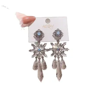 Luxury Statement Flower Tassel Drop Earrings for Women, S925 Silver Needle Cubic Zirconia Water Drop Dangle Earrings, Exaggerated European Style Party Prom Jewelry