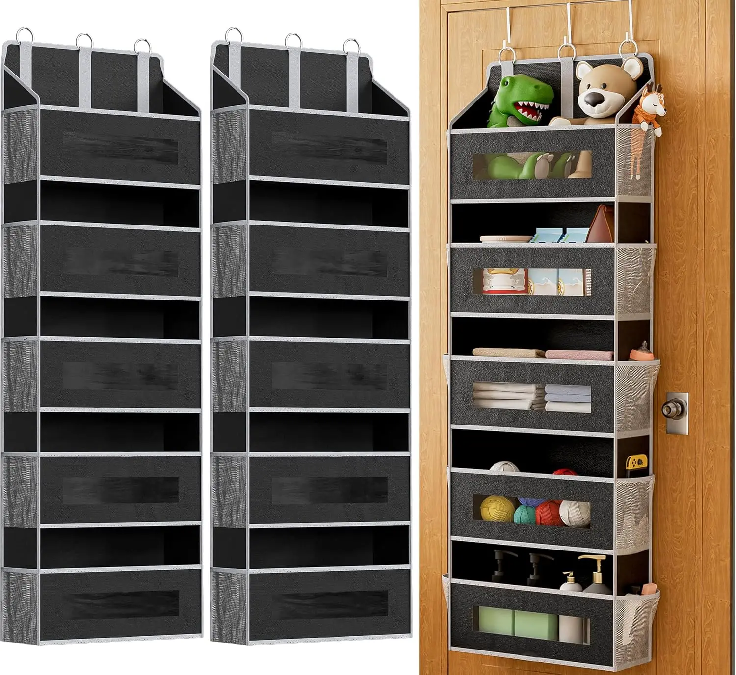 Tier Over The Door Organizer - Large Capacity Space Saving Behind Door Hanging Shelves with Mesh Pockets and Clear Windows, Multifunctional Closet Organizers and Storage for Bathroom, Bedroom, Nursery, Black