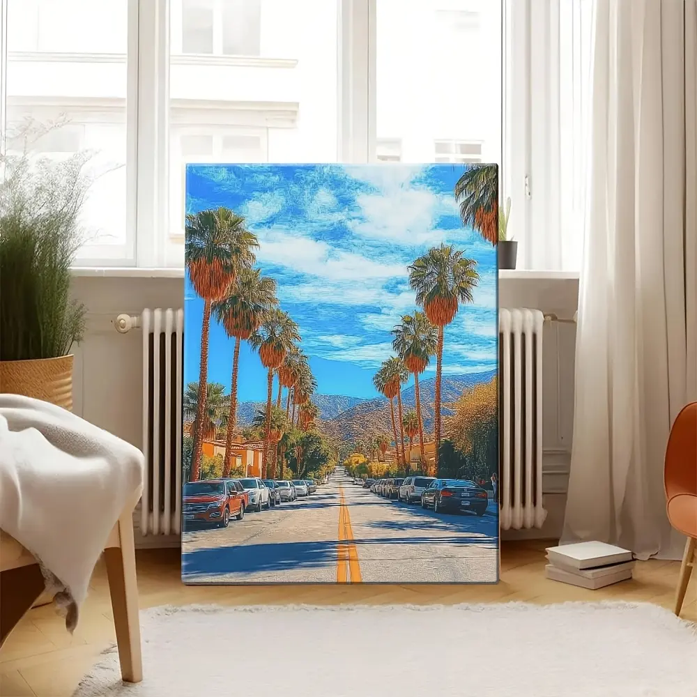 Palm Springs Road Landscape Wrapped Canvas Wall Art - Wood Framed Vibrant Desert Scenery with Palm Trees & Cars, High-Quality Canvas Print for Living Room, Bedroom, Office Decor - Modern Art Decor Style, Tropical Decor, 2D Flat
