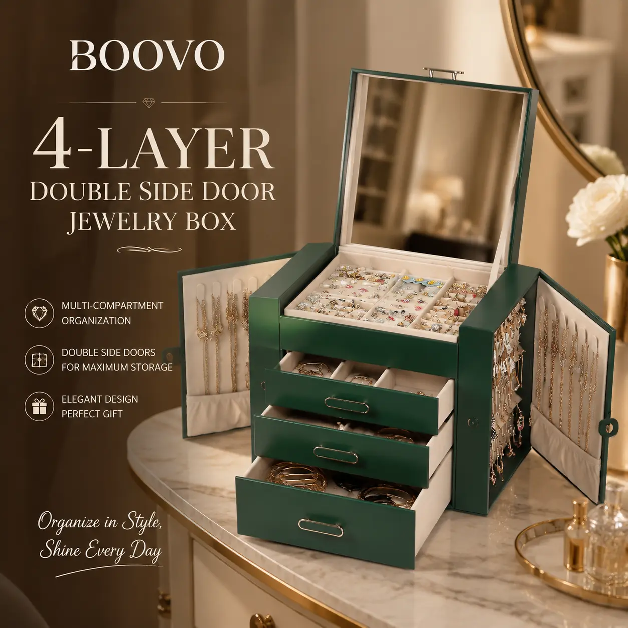 BOOVO 4-Tier Large Jewelry Organizer Box with Mirror, 2 Doors Tangle-Free Necklace Holder & Heavy Duty Earring Hanging Closet. Dustproof Luxury Leather Storage Tower, Aesthetic Vanity Decor Birthday Gift Box for Girlfriend（Dark green）
