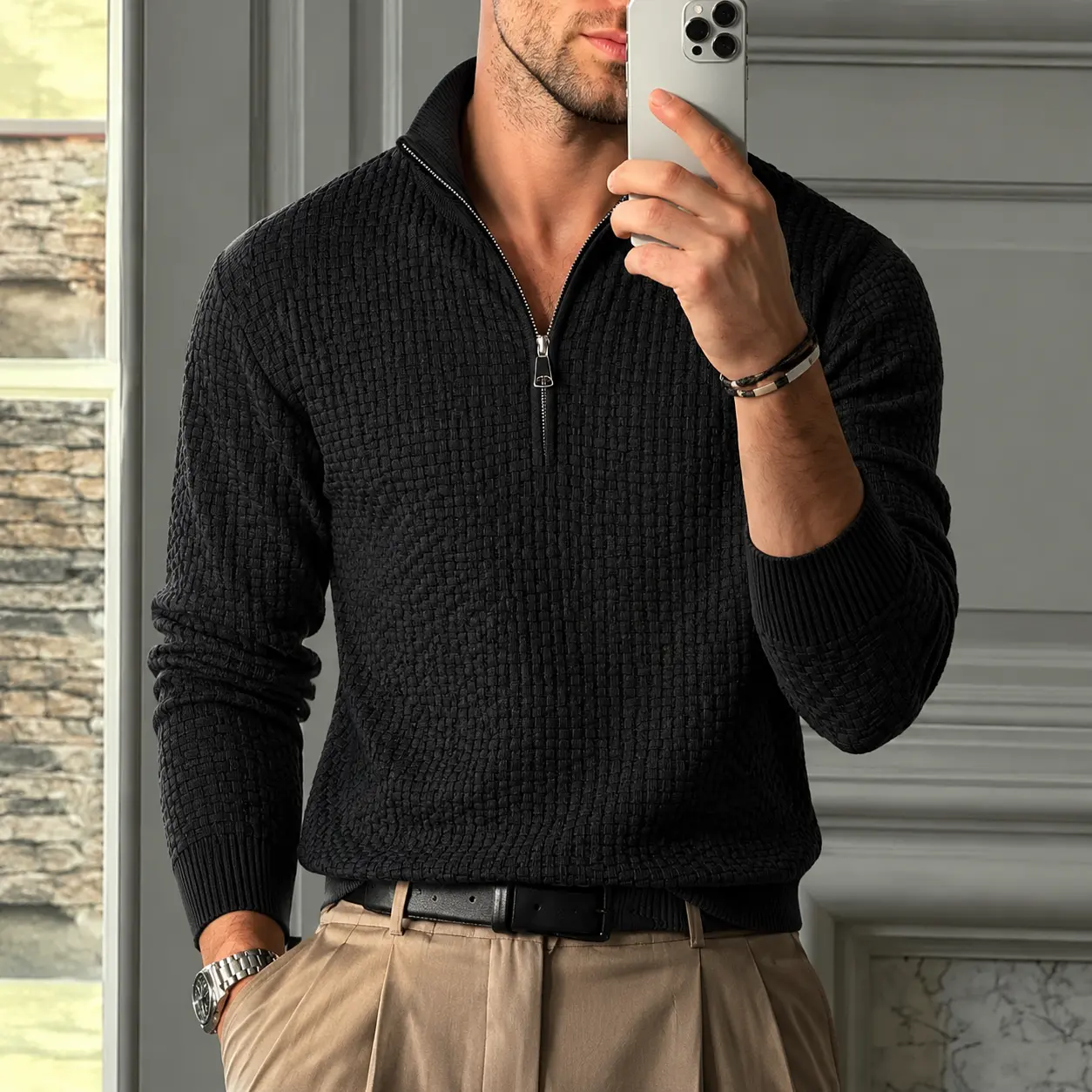 Mens Quarter Zip Sweater Waffle Cable Knit 1/4 Zip Pullover Ribbed Stand Collar Smart Casual Slim Fit Soft Breathable Fall Winter Warm Knitwear Business Daily Tops Black Navy Ivory S-XL