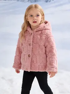 Girls Pink Fuzzy Jacket Hooded 3D Rabbit Pattern Print Button Down Fleece Coat Kids Fall Winter Warm Plush Textured Outerwear Cardigan Winter Coats