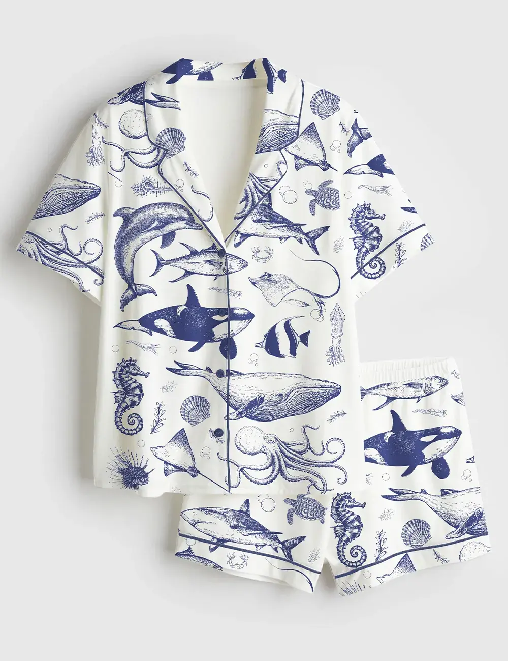 Ocean Nature Vintage 90s Tattoo Sea Animal Print Short and Long Sleeve Pajama Set, Sleepwear for Women
