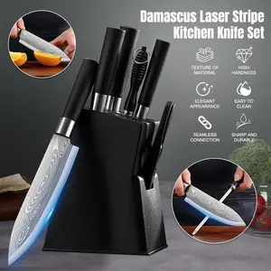 7PCS Kitchen Knife Set Japanese Damascus Pattern Chef Knives Stainless Steel Cleaver, High Carbon Kitchen Knife Set with Block & Sharpener#fathersdaygift