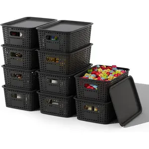 Plastic Storage Basket with Lids 10 Pack Stackable Black Storage Bins Containers with Lid, Decorative Storage Boxes for Organizing Shelves, Drawers, Playroom, Classroom, Office, Closet