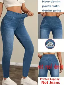 Women's Printed Skinny Jeans, Casual Fake Denim Style, Elastic Stretchy Material, All-Season Wear, Everyday, Versatile Design, Leggings, Pants