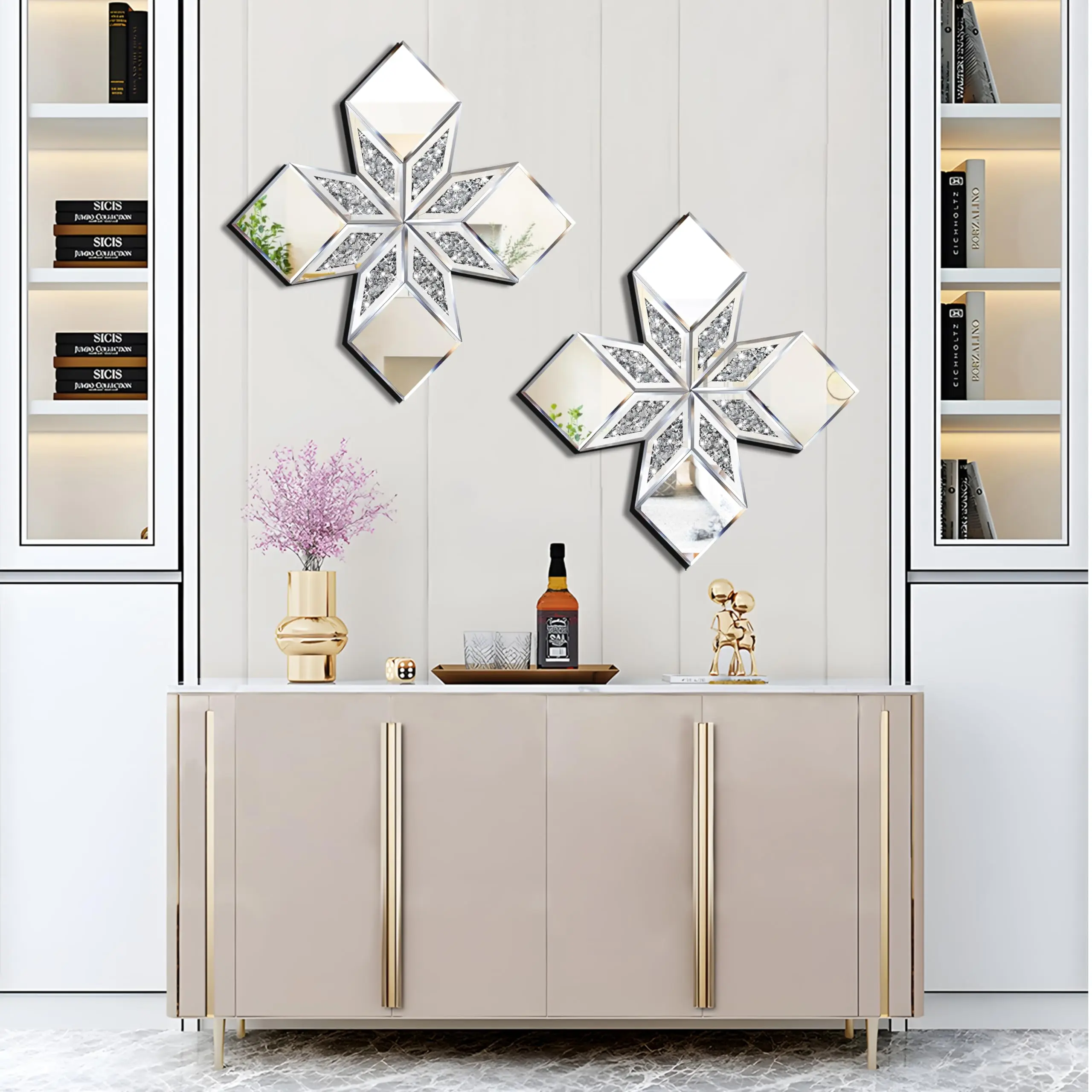2-Pack Glam Crushed Diamond Wall Mirrors, 22.25x22.25in Silver Diamond-Shape Decoration for Living Room, Bedroom
