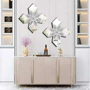 Crushed Diamond Mirror Wall Decor 2 Pack, 22.25x22.25” Diamond Shape Silver Wall Mirror for Living Room Dining Room Bedroom