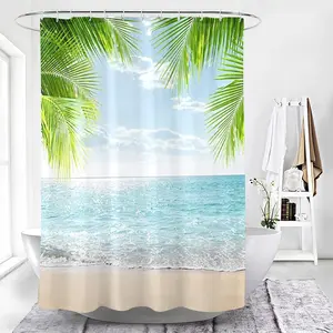Modern Beach-Themed Shower Curtain with Shell & Driftwood Pattern, Light Blue Polyester Fiber, 70.8x70.8 Inches, Includes 12 Hooks, Shower Curtain Set