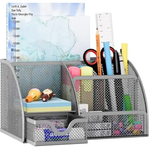 Mesh Desk Organizer with Drawer Multi-functional Pen Holder Stationery Organizer for Office School Supplies 6 Compartments Dorm Organizers and Storage for Desk,