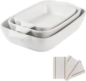 3-Piece Ceramic Casserole Dishes Set, Rectangular Stoneware Baking Pans for Oven, Lasagna Dish & Bakeware Set in 3 Sizes 14.7’’/12.4’’/10.3’’
