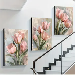 [Elegant Tulip Art] Elegant 3pcs Tulip Canvas Art Prints Set, 16x24 Inch, Frameless | Floral Wall Decor for Living Room, Bedroom, Hallway - Chic Light Luxury Artwork for Home & Office