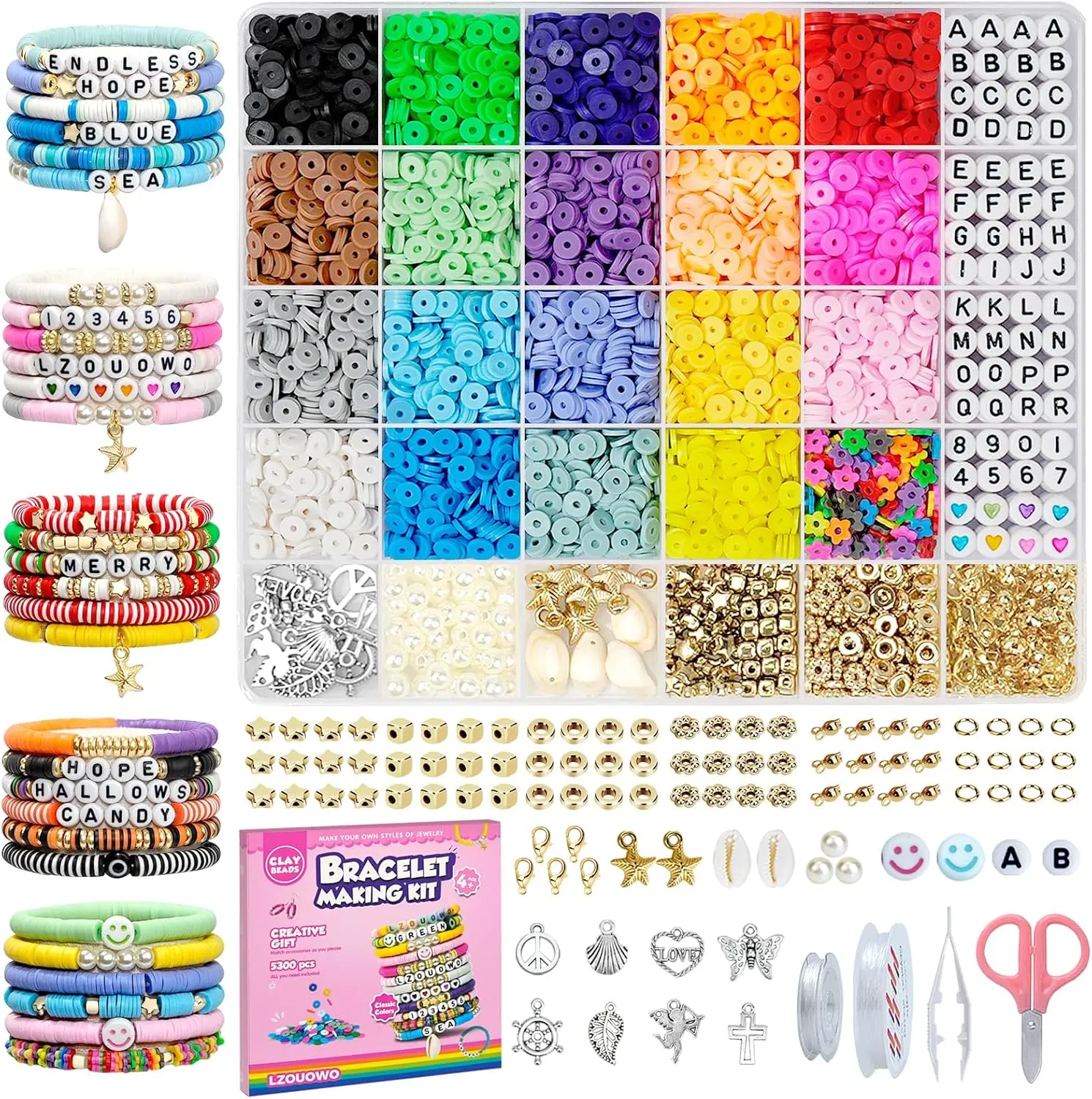 5300 Clay Beads Bracelet Making  Aesthetic Kit, Polymer Heishi Preppy Letter Beads for Friendship Bracelet, Pearl Disc Beads Charms for Jewelry...