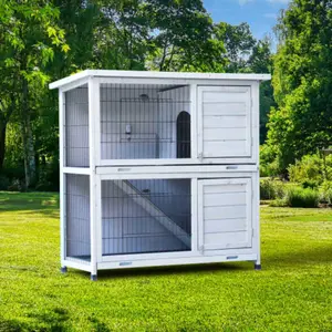 Hutch Outdoor Story Rabbit Indoor Run Bunny Cage Removable No Leak Trays Pet Cages with Non Slip Ramp Waterproof Roof Fence for Small Animals