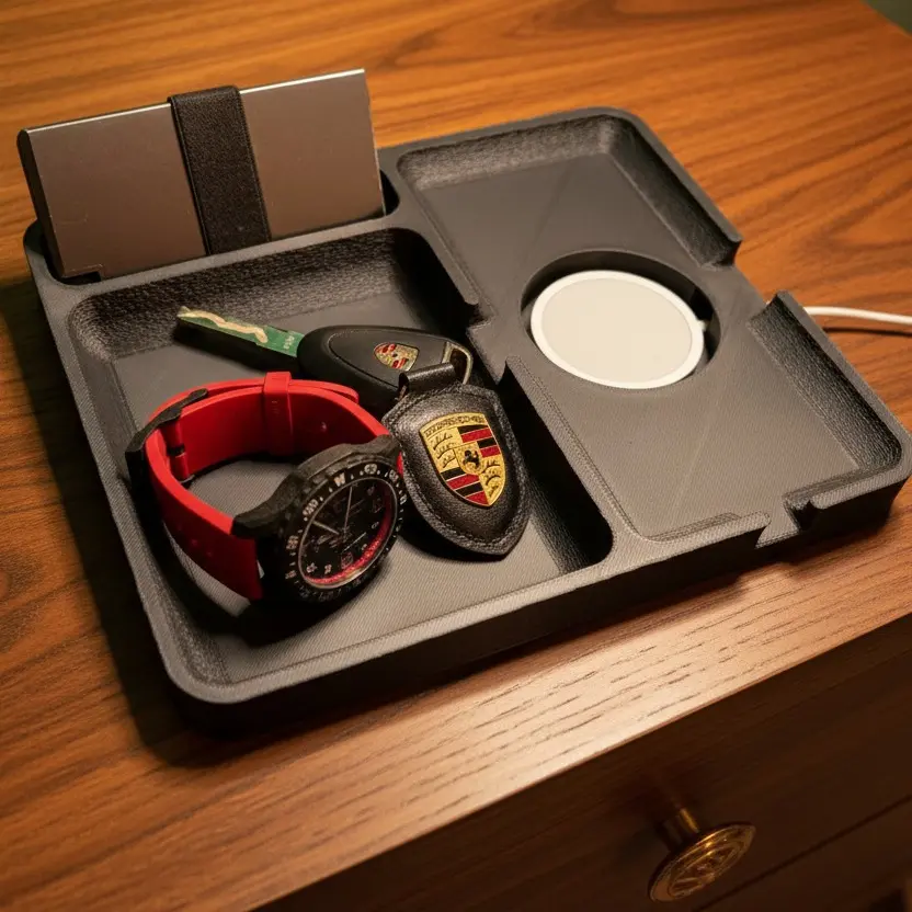 3D Printed PLA Plastic Desk Valet Tray - Custom Made-to-Order, Charging Slot, Wallet Holder, Keys & Key Fobs Organizer, Clean Modern Design for Office Desk, Dressers, Nightstands | Housewarming, Birthday Gifts, Father’s Day