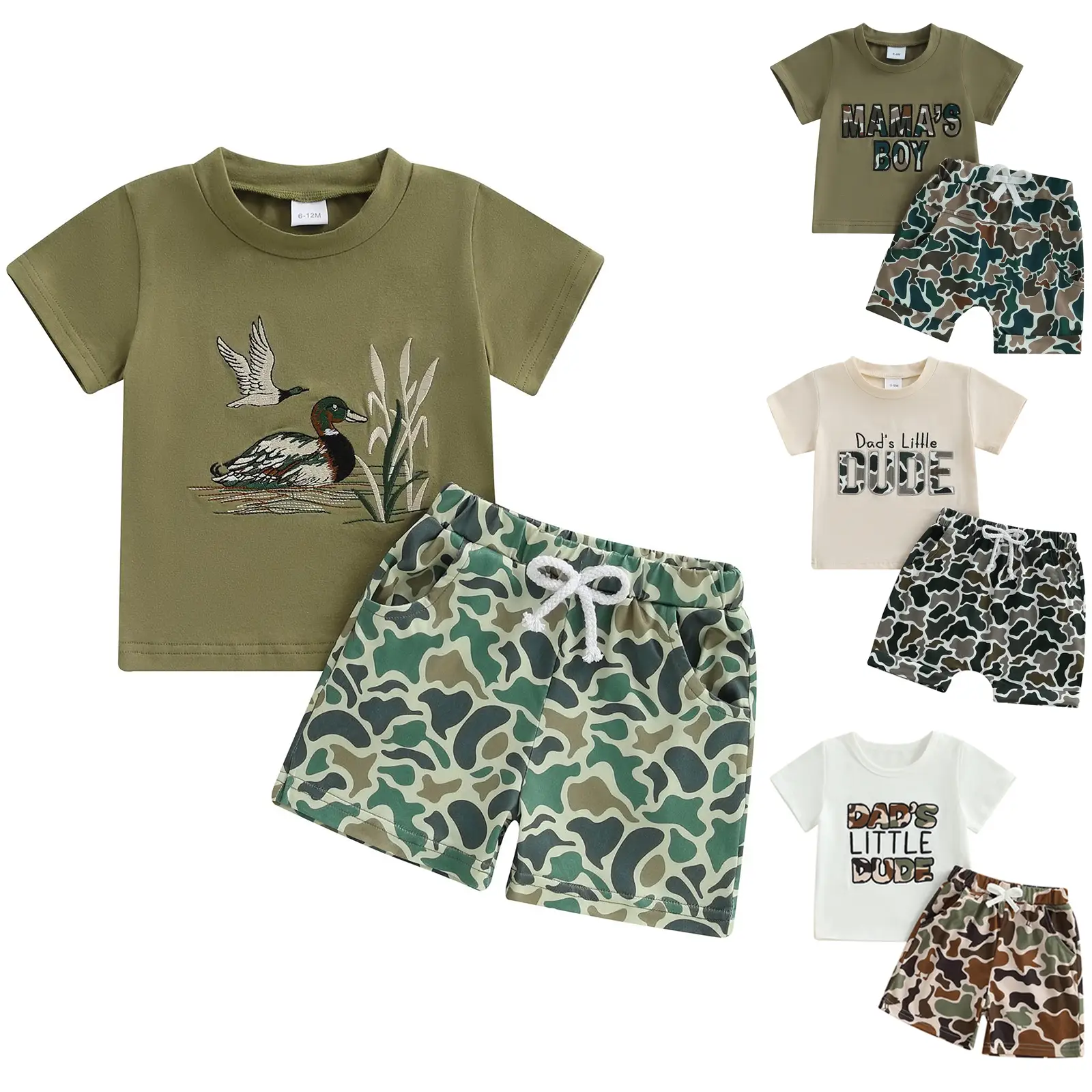 Baby Boys Hunting Duck Summer Clothes Toddler Short Sleeve Mallard Duck Embroidery T-Shirt Tops Camouflage Elastic Wais Shorts