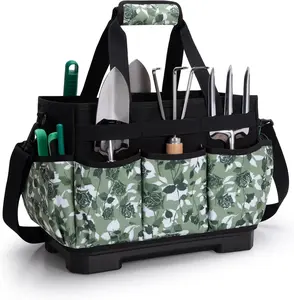 Garden Tool Bag with Hard Bottom, Garden Tote with Shoulder Strap and Multiple Pockets (No Accessories Included)